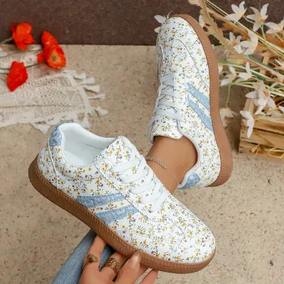Women Fashion Casual Flower Printed Round-Toe Lace-Up Flat Sneakers