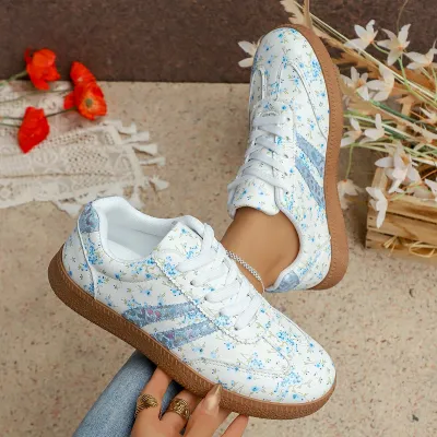 Women Fashion Casual Flower Printed Round-Toe Lace-Up Flat Sneakers