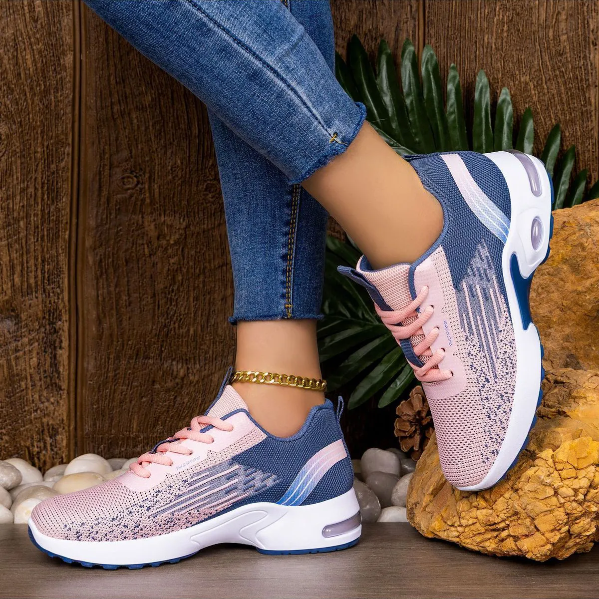 Women Fashion Casual Flying Woven Mesh Breathable Lace-Up Sneakers