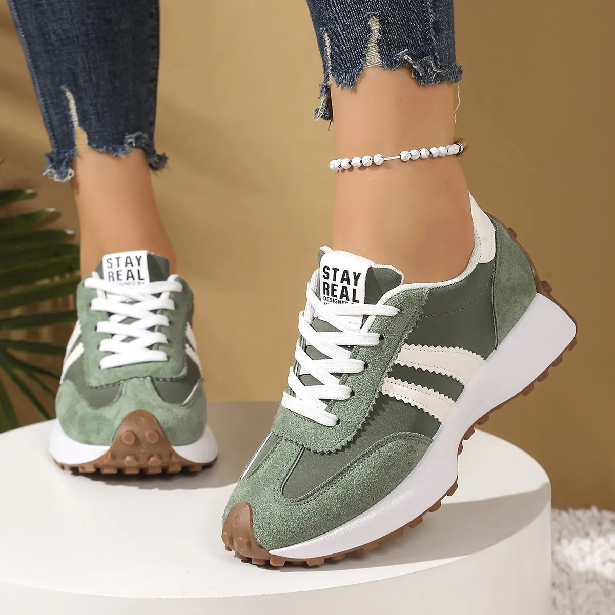Women Fashion Casual Color-Block Soft Sole Breathable Lace-Up Platform Sneakers