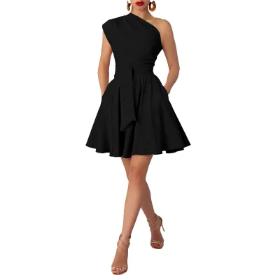 Women Fashion Solid Color Slant Collar A- Line Dress