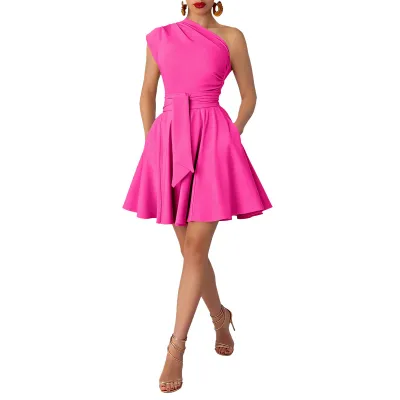 Women Fashion Solid Color Slant Collar A- Line Dress