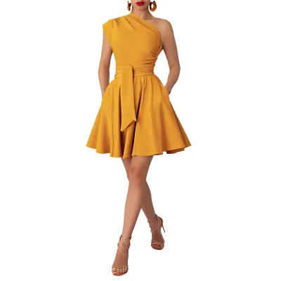Women Fashion Solid Color Slant Collar A- Line Dress