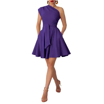 Women Fashion Solid Color Slant Collar A- Line Dress