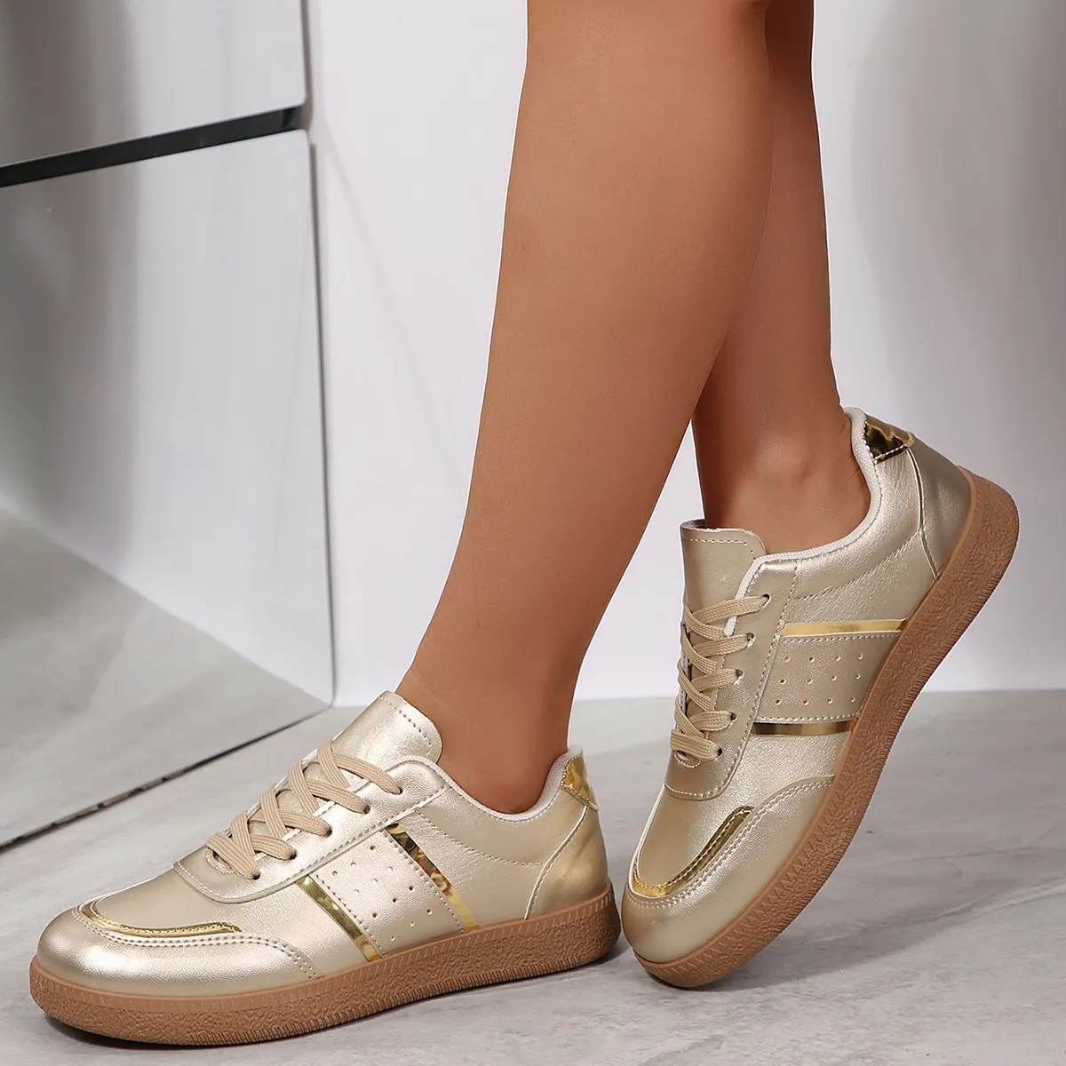 Women Fashion Casual Gold Classic Front Lace-Up Round-Toe Flat Sneakers