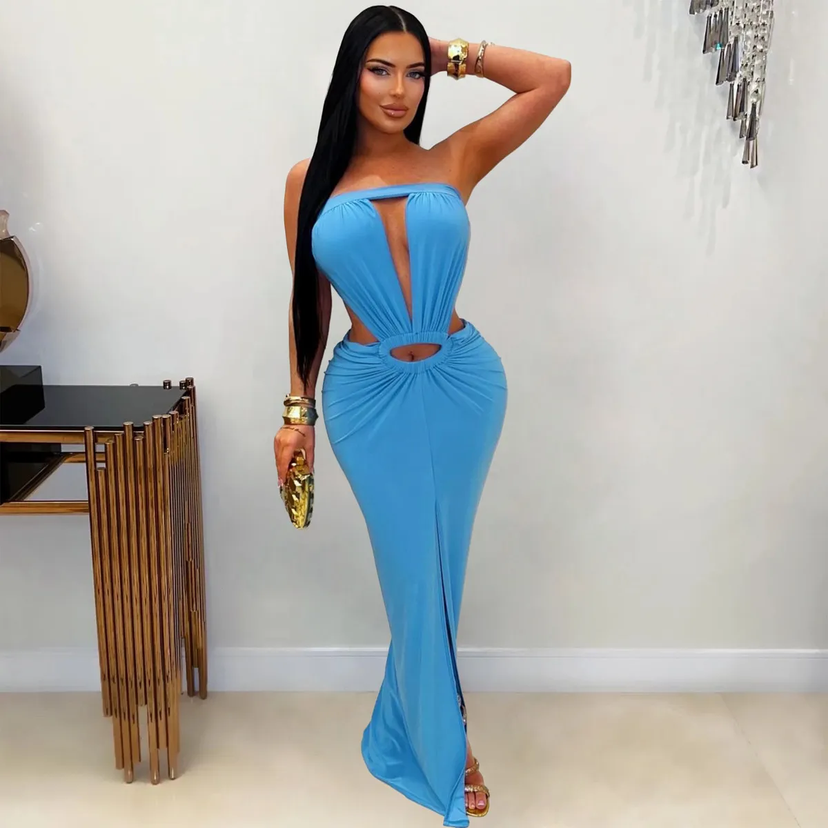 Women Sexy Solid Color Open Back Maxi Dress