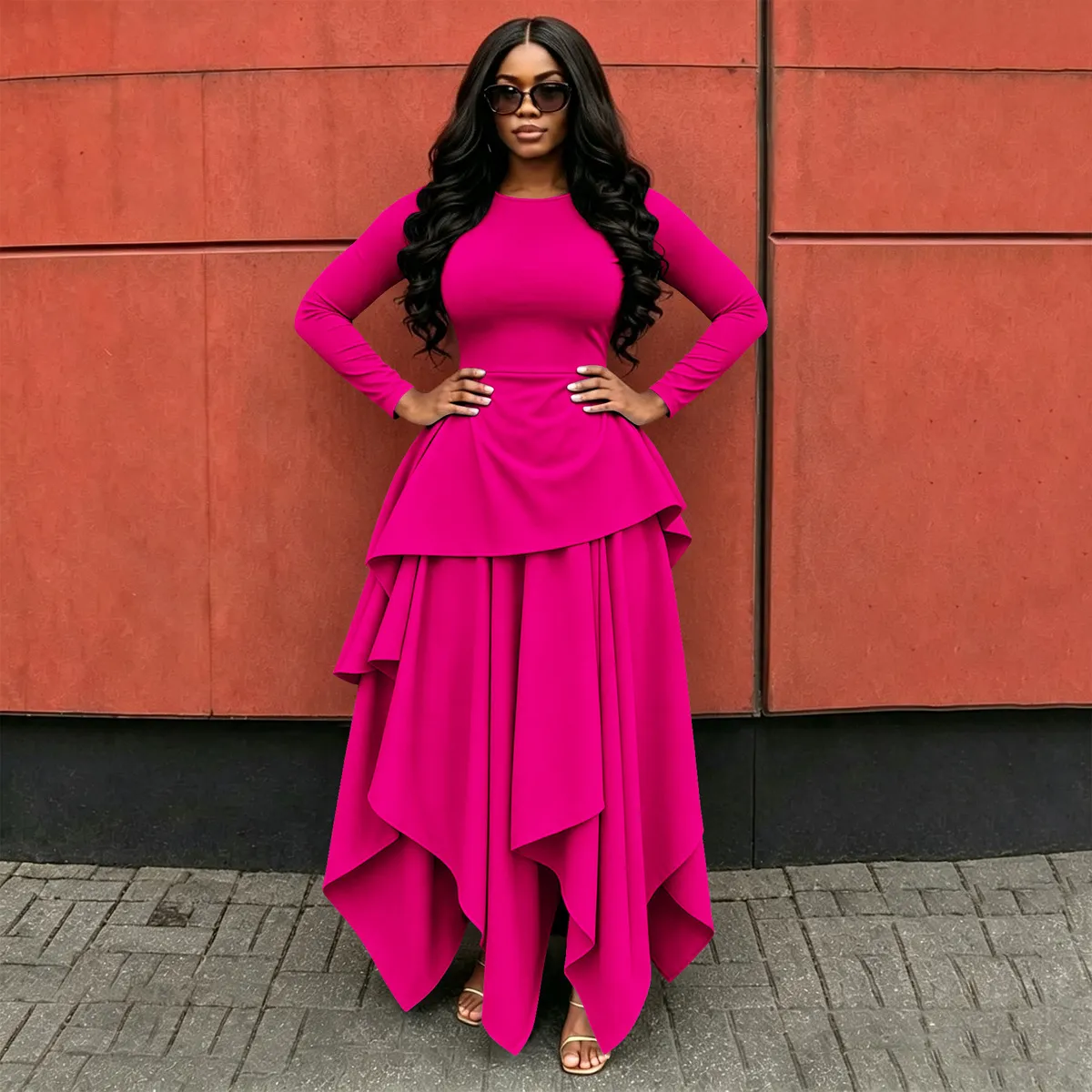 Women Casual Long Sleeve Irregular Hem Dress