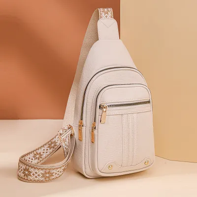 Women Fashion Casual Solid Color Pu Soft Leather Cross Multi-Layer Chest Bag