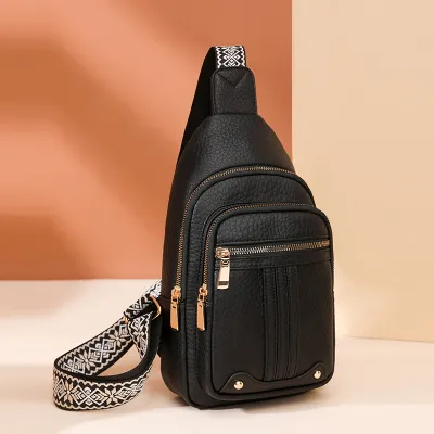 Women Fashion Casual Solid Color Pu Soft Leather Cross Multi-Layer Chest Bag