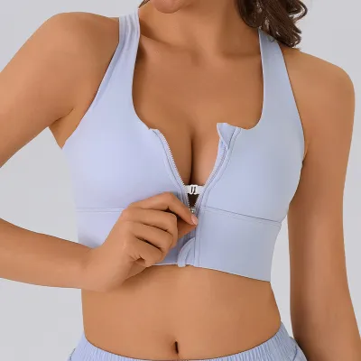 Women Fashion Summer Solid Color Front Zipper High Strength Sports Yoga Bra