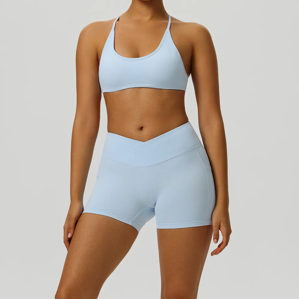 Women Fashion Solid Color Tight Quick-Drying Backless Bra Tight Shorts Sports Two-Piece Set