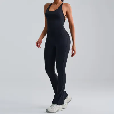 Women Fashion Solid Color Backless Camisole With Chest Pad High Waist Pants Yoga Two-Piece Set