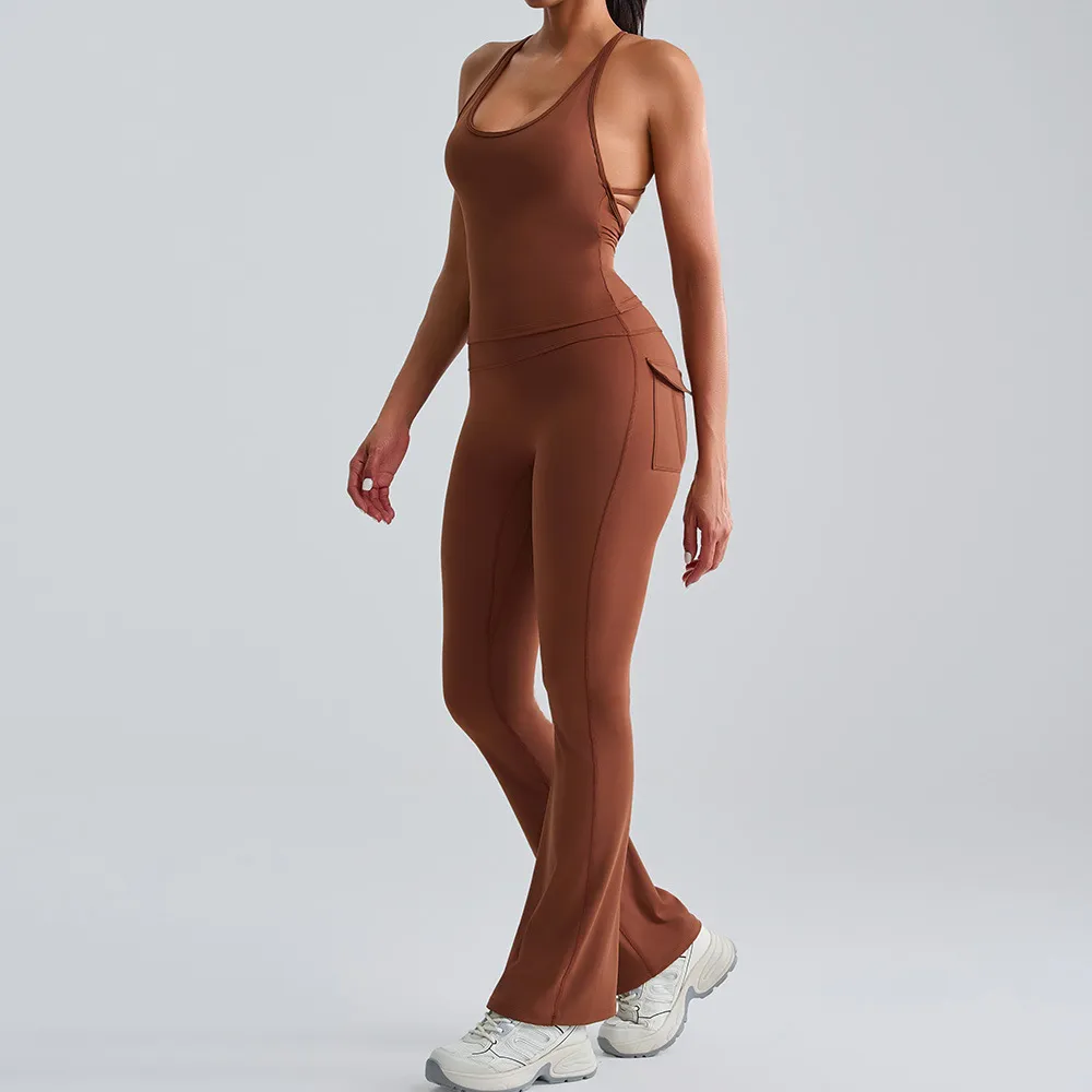 Women Fashion Solid Color Backless Camisole With Chest Pad High Waist Pants Yoga Two-Piece Set