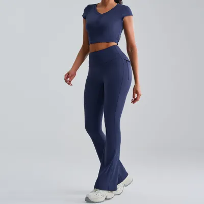 Women Fashion Solid Color Short Sleeve Vest With Chest Pad High Waist Pants Yoga Two-Piece Set