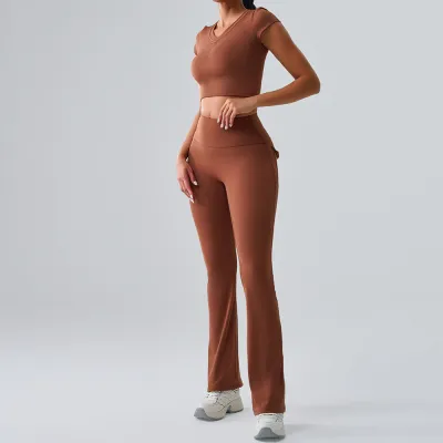 Women Fashion Solid Color Short Sleeve Vest With Chest Pad High Waist Pants Yoga Two-Piece Set