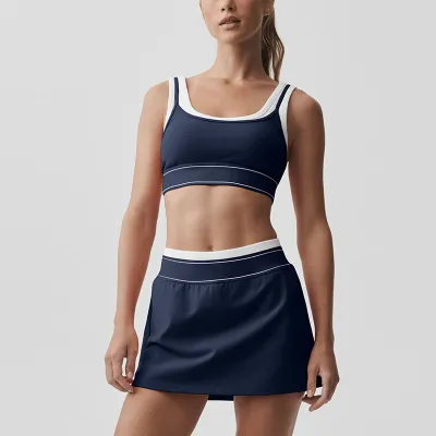 Women Fashion Contrast Color Fake Two-Piece Bra Loose Skirts Sports Two-Piece Set