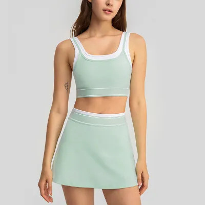 Women Fashion Contrast Color Fake Two-Piece Bra Loose Skirts Sports Two-Piece Set