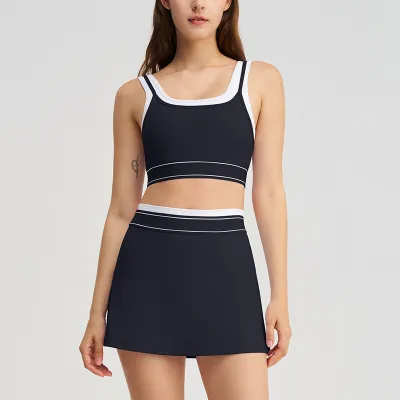 Women Fashion Contrast Color Fake Two-Piece Bra Loose Skirts Sports Two-Piece Set