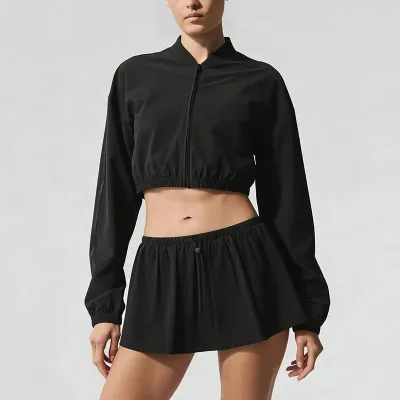 Women Fashion Casual Solid Color Quick-Drying Long-Sleeve Zipper Jacket Loose Skirt Sports Two-Piece Set