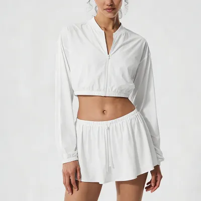 Women Fashion Casual Solid Color Quick-Drying Long-Sleeve Zipper Jacket Loose Skirt Sports Two-Piece Set