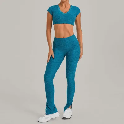 Women Fashion Casual Solid Color Sanding Short Sleeve Crop Top Tight Leggings Yoga Sports Two-Piece Set