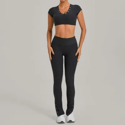 Women Fashion Casual Solid Color Sanding Short Sleeve Crop Top Tight Leggings Yoga Sports Two-Piece Set