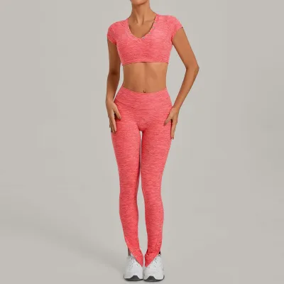 Women Fashion Casual Solid Color Sanding Short Sleeve Crop Top Tight Leggings Yoga Sports Two-Piece Set