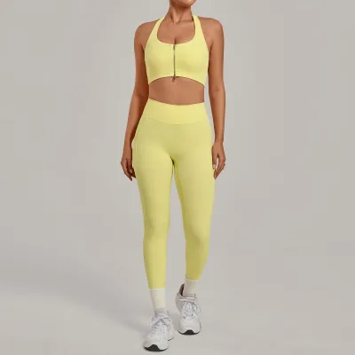 Women Fashion Solid Color Naked Halter-Neck Zipper Bra Tight Leggings Yoga Sports Two-Piece Set