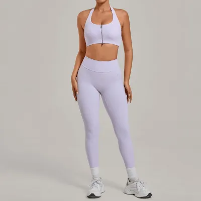 Women Fashion Solid Color Naked Halter-Neck Zipper Bra Tight Leggings Yoga Sports Two-Piece Set