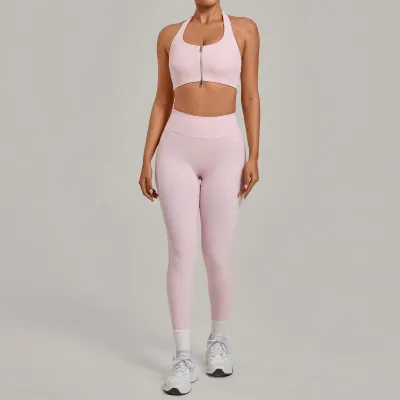 Women Fashion Solid Color Naked Halter-Neck Zipper Bra Tight Leggings Yoga Sports Two-Piece Set