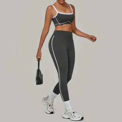 Women Fashion Contrast Color Stitching Bra Tight Leggings Yoga Sports Two-Piece Set