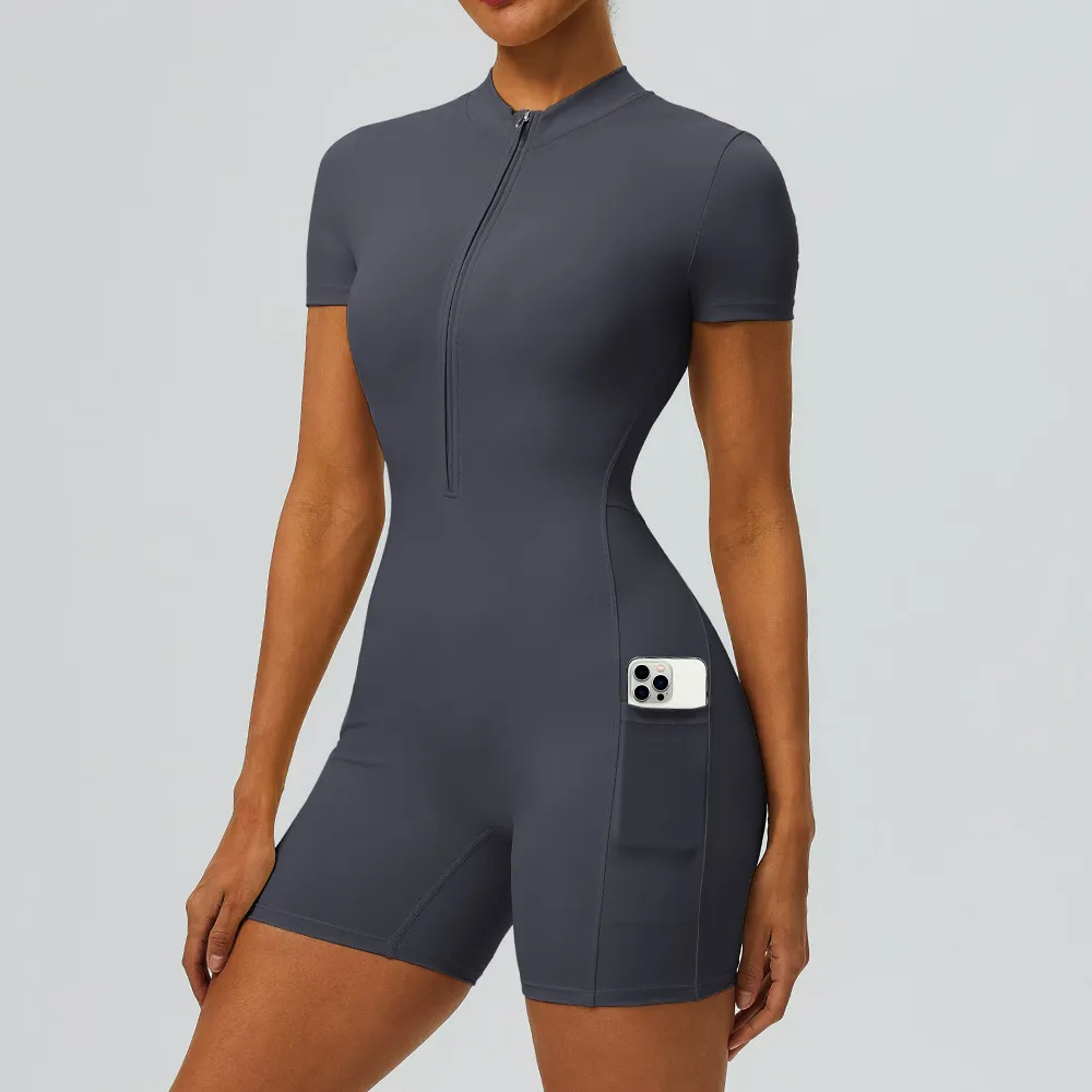 Women Fashion Casual Solid Color Zipper Short-Sleeve Yoga Sports Rompers