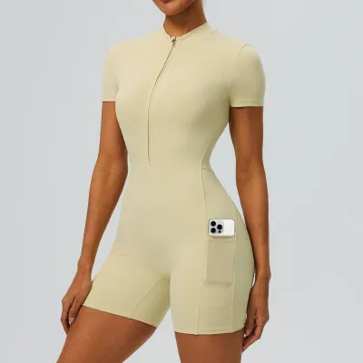 Women Fashion Casual Solid Color Zipper Short-Sleeve Yoga Sports Rompers