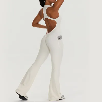 Women Fashion Casual Solid Color Sleeveless Backless Tight Yoga Jumpsuit