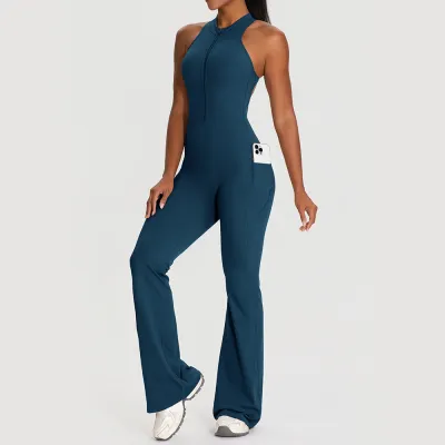 Women Fashion Casual Solid Color Sleeveless Backless Tight Yoga Jumpsuit