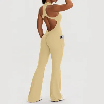 Women Fashion Casual Solid Color Sleeveless Backless Tight Yoga Jumpsuit