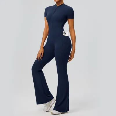 Women Fashion Casual Solid Color Zipper Short-Sleeve Yoga Tight Pocket Jumpsuit