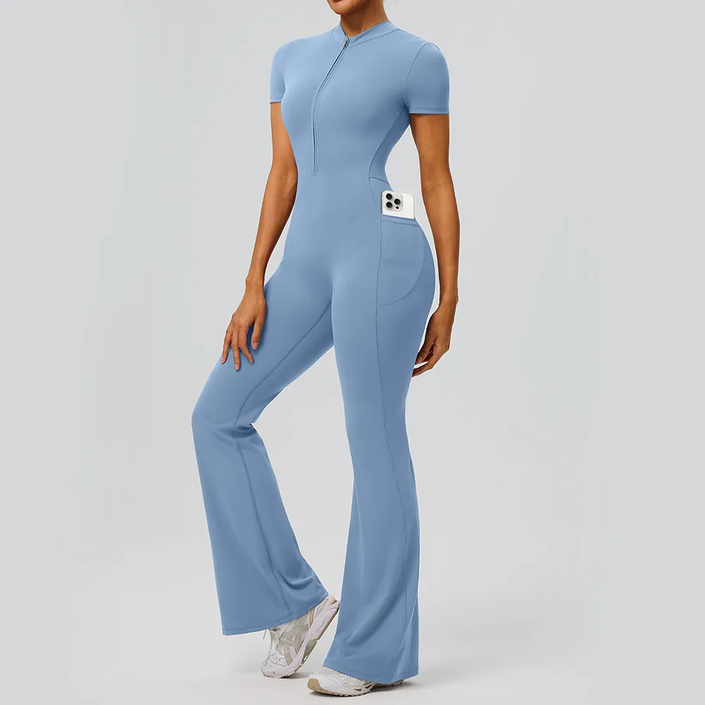 Women Fashion Casual Solid Color Zipper Short-Sleeve Yoga Tight Pocket Jumpsuit