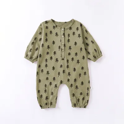 Kids Baby Unisex Spring Autumn Cute Casual Cotton Pine Moon Pattern Button Round Neck Bodysuit