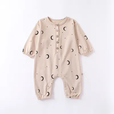 Kids Baby Unisex Spring Autumn Cute Casual Cotton Pine Moon Pattern Button Round Neck Bodysuit