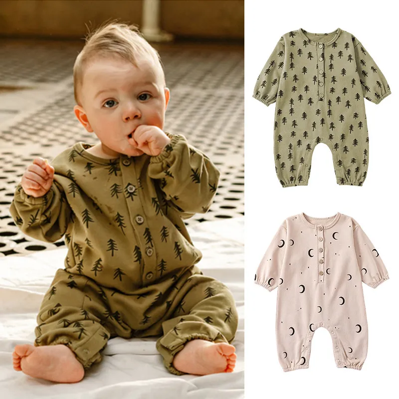 Kids Baby Unisex Spring Autumn Cute Casual Cotton Pine Moon Pattern Button Round Neck Bodysuit