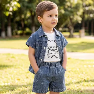 Kids Boys Fashion Casual Summer Tank Top Jacquard Short Sleeve Jacket Loose Shorts Denim Three-Piece Suit