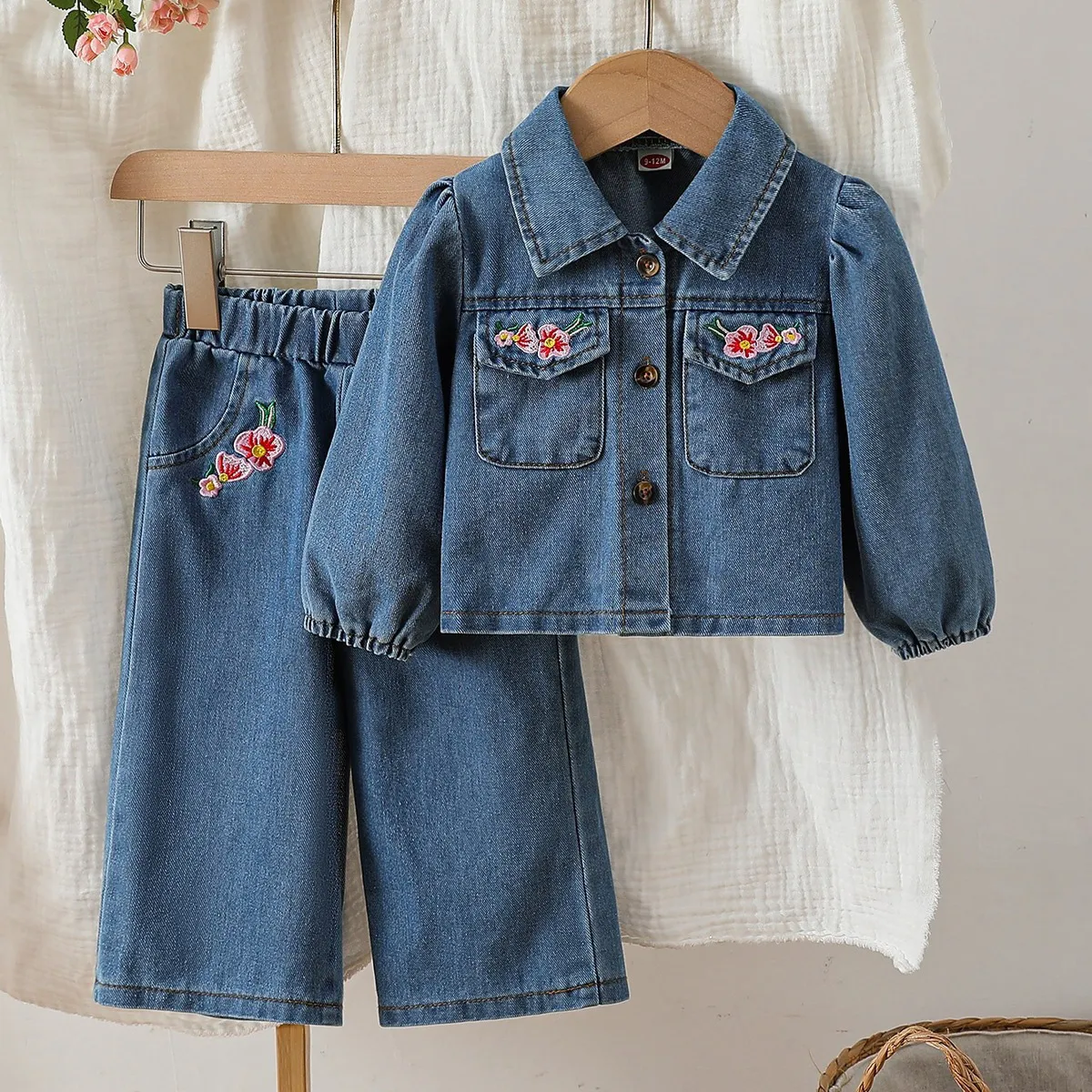 Kids baby  Girls Fashion Casual Autumn Embroidered Lapel Long-Sleeve Jacket Jeans Denim Two-Piece Set