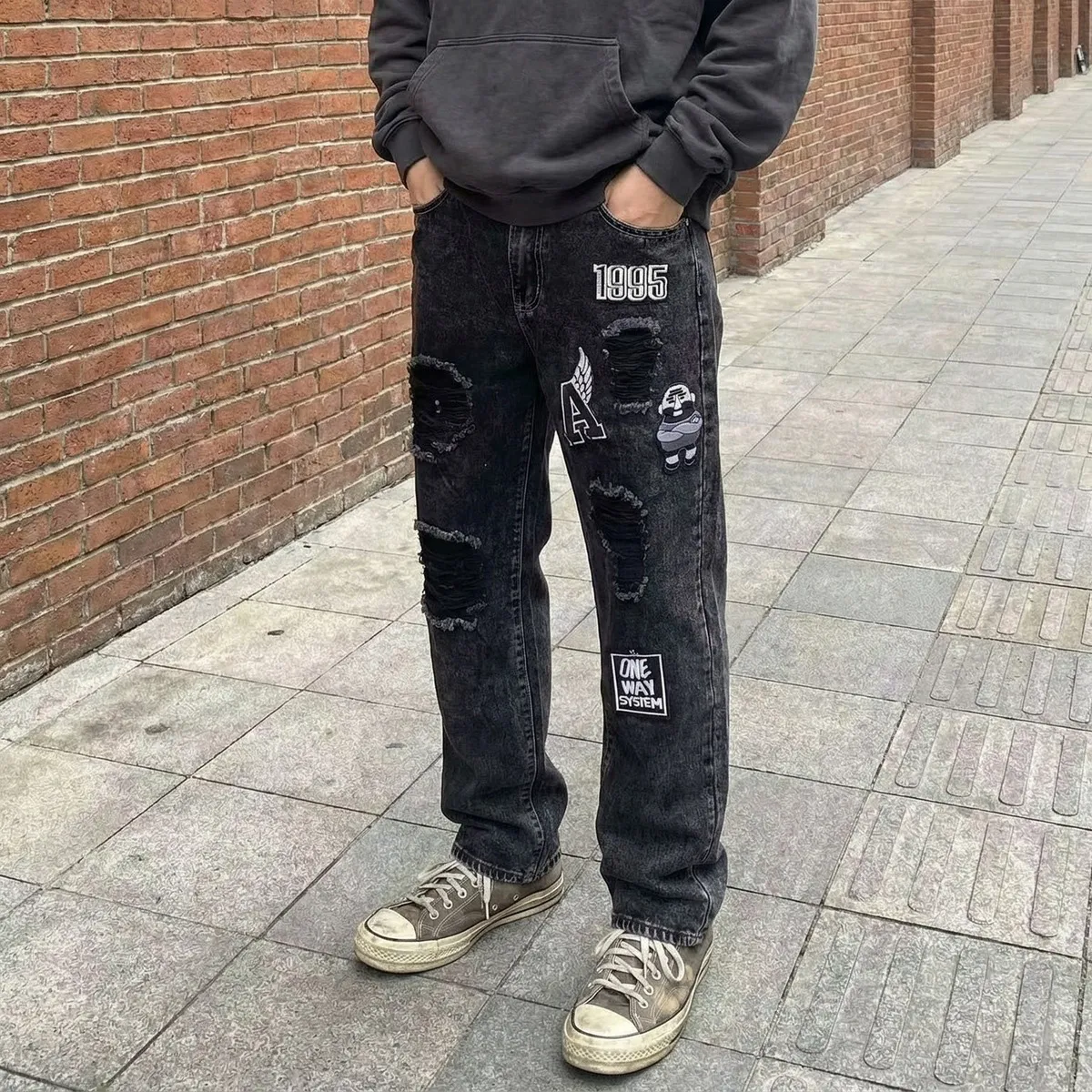 Men Fashion Casual Washed Ripped Loose Straight Jeans