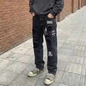 Men Fashion Casual Washed Ripped Loose Straight Jeans