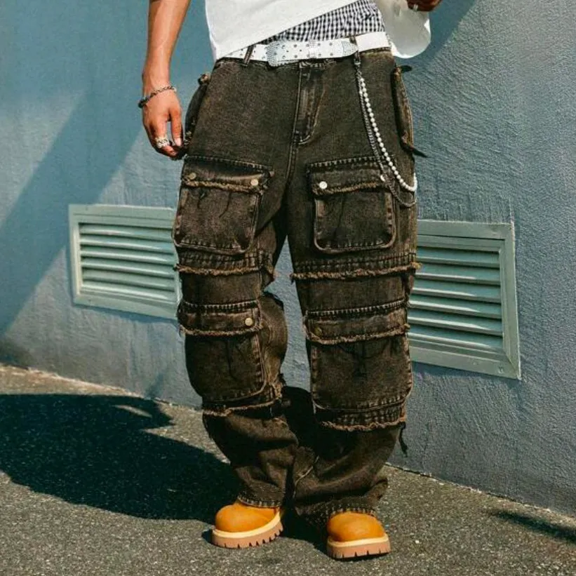 Men'S Fashion Casual Retro Multi-Pocket Straight Cargo Jeans
