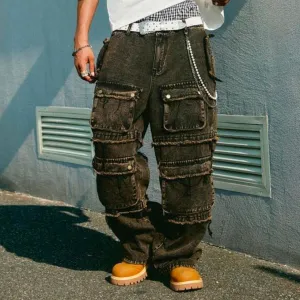 Men'S Fashion Casual Retro Multi-Pocket Straight Cargo Jeans