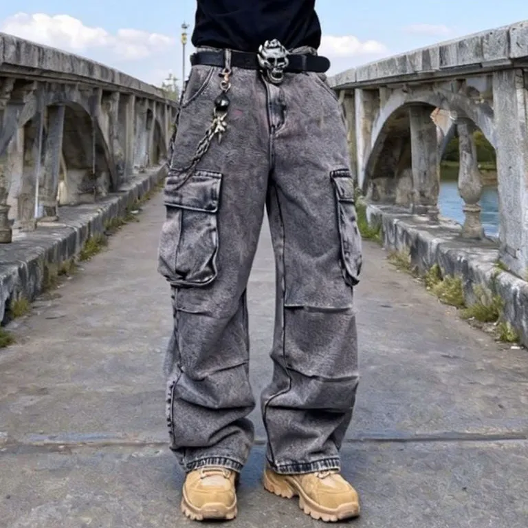 Men Fashion Casual Multi-Pocket Wide-Leg Cargo Jeans