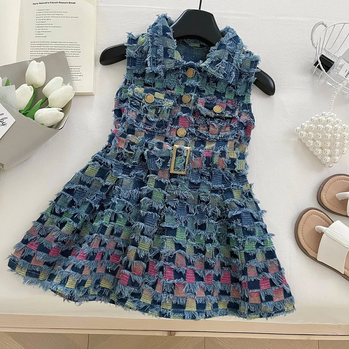 Kids Girl Fashion Summer Plaid Lapel Sleeveless Denim Dress