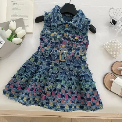 Kids Girl Fashion Summer Plaid Lapel Sleeveless Denim Dress